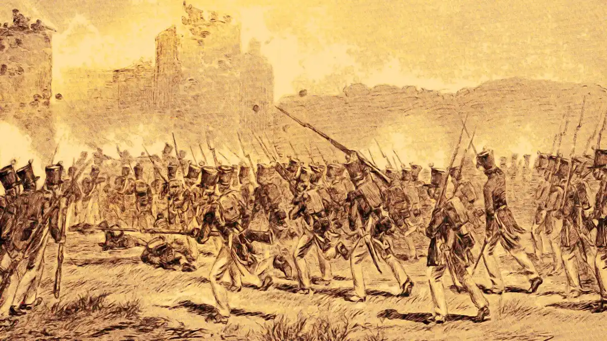 Illustration of Java War soldiers and colonial customs gate