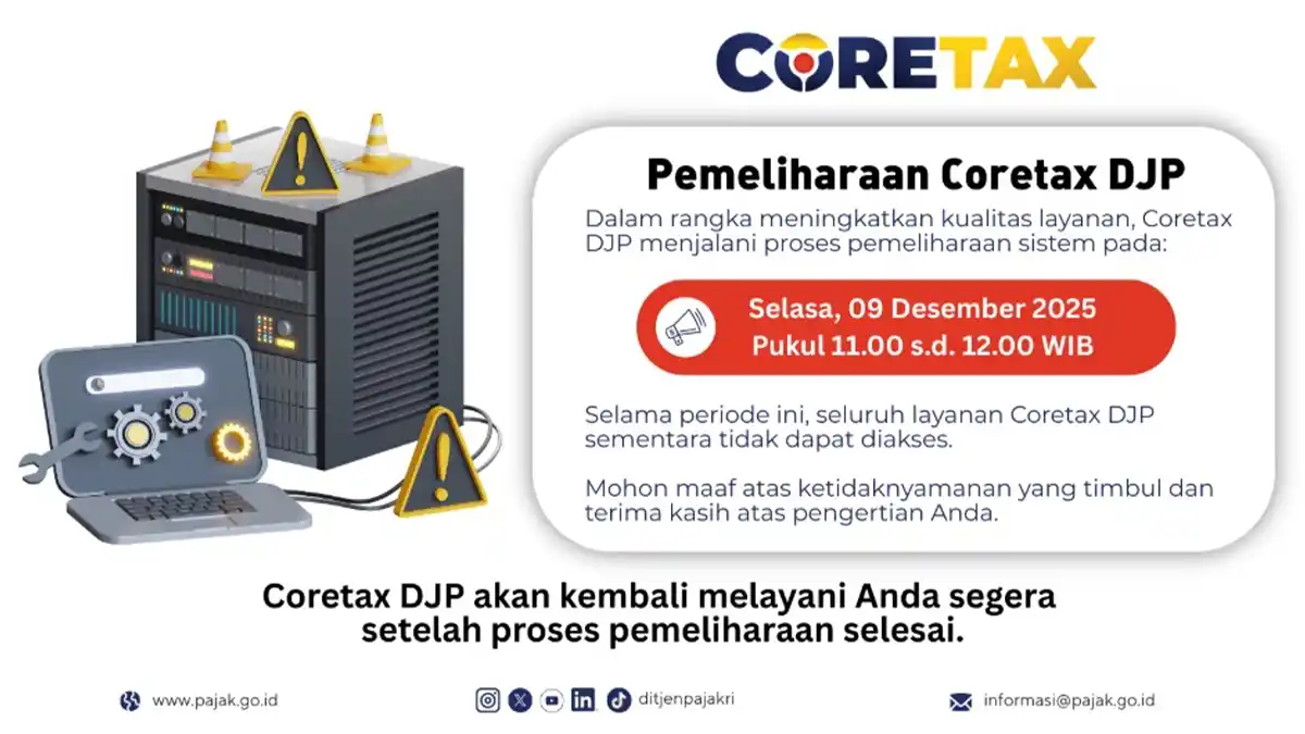 Screenshot of Coretax downtime announcement on 9 Dec 2025