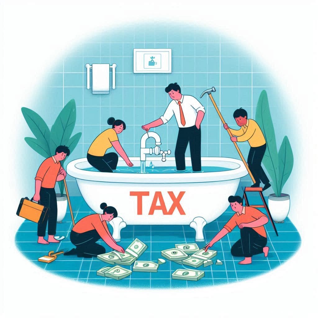 Illustrasi bak mandi bocor melambangkan kebocoran penerimaan pajak