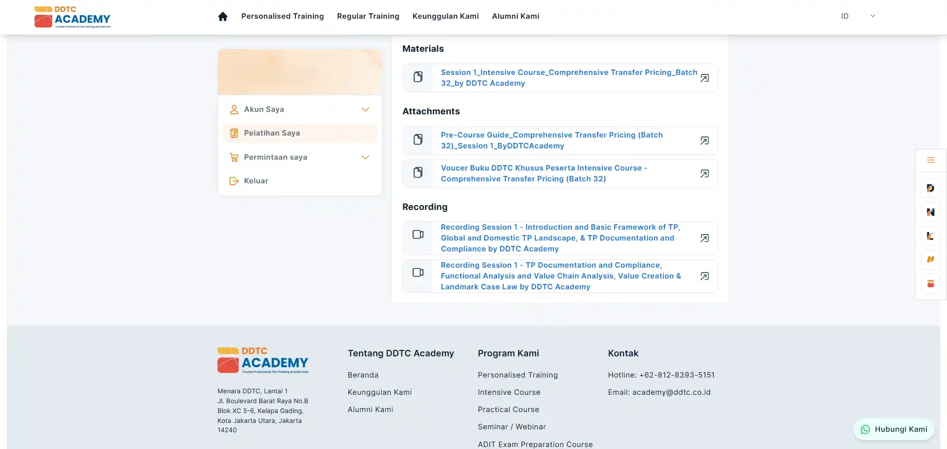 Tangkapan layar dashboard DDTC Academy menampilkan rekaman Sesi 1