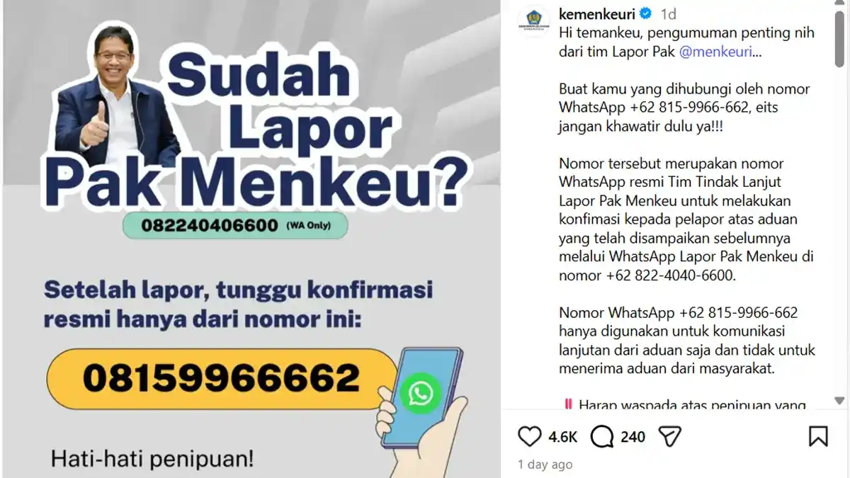 Official WhatsApp numbers for Lapor Pak Purbaya