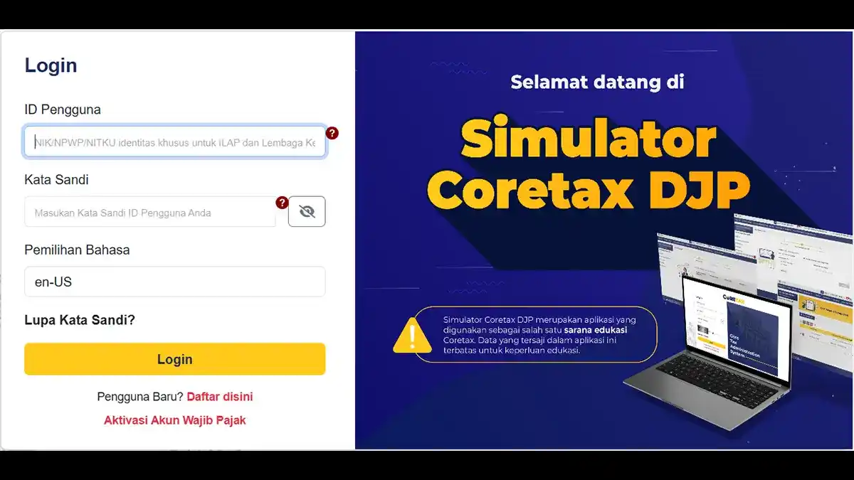 Screenshot of Coretax Simulator login page