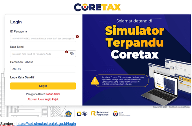 Tampilan Simulator Terpandu Coretax pada layar komputer