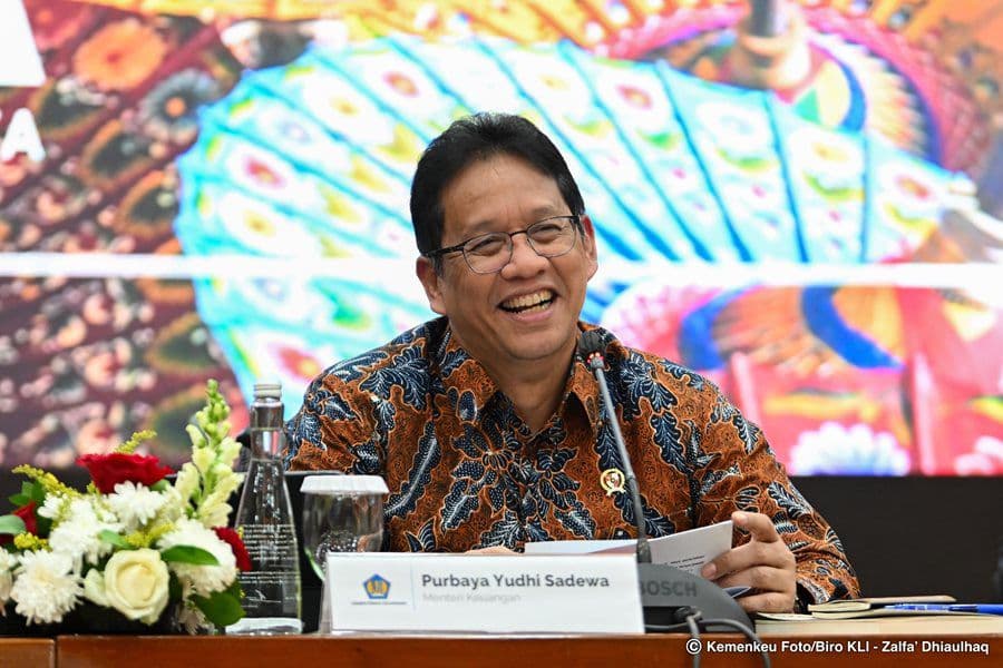 Finance Minister Purbaya Yudhi Sadewa speaking at a press conference in Jakarta